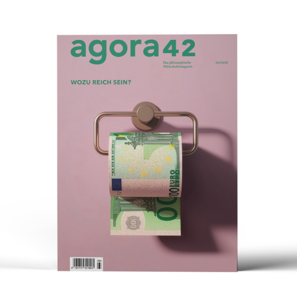 Das Cover der Ausgabe "Wozu reich sein?" mit einem Klopapier-Halter befestigt an einer rosafarbenen Wand. In dem Halter hängt eine Rolle aus 100–Euro-Scheinen.