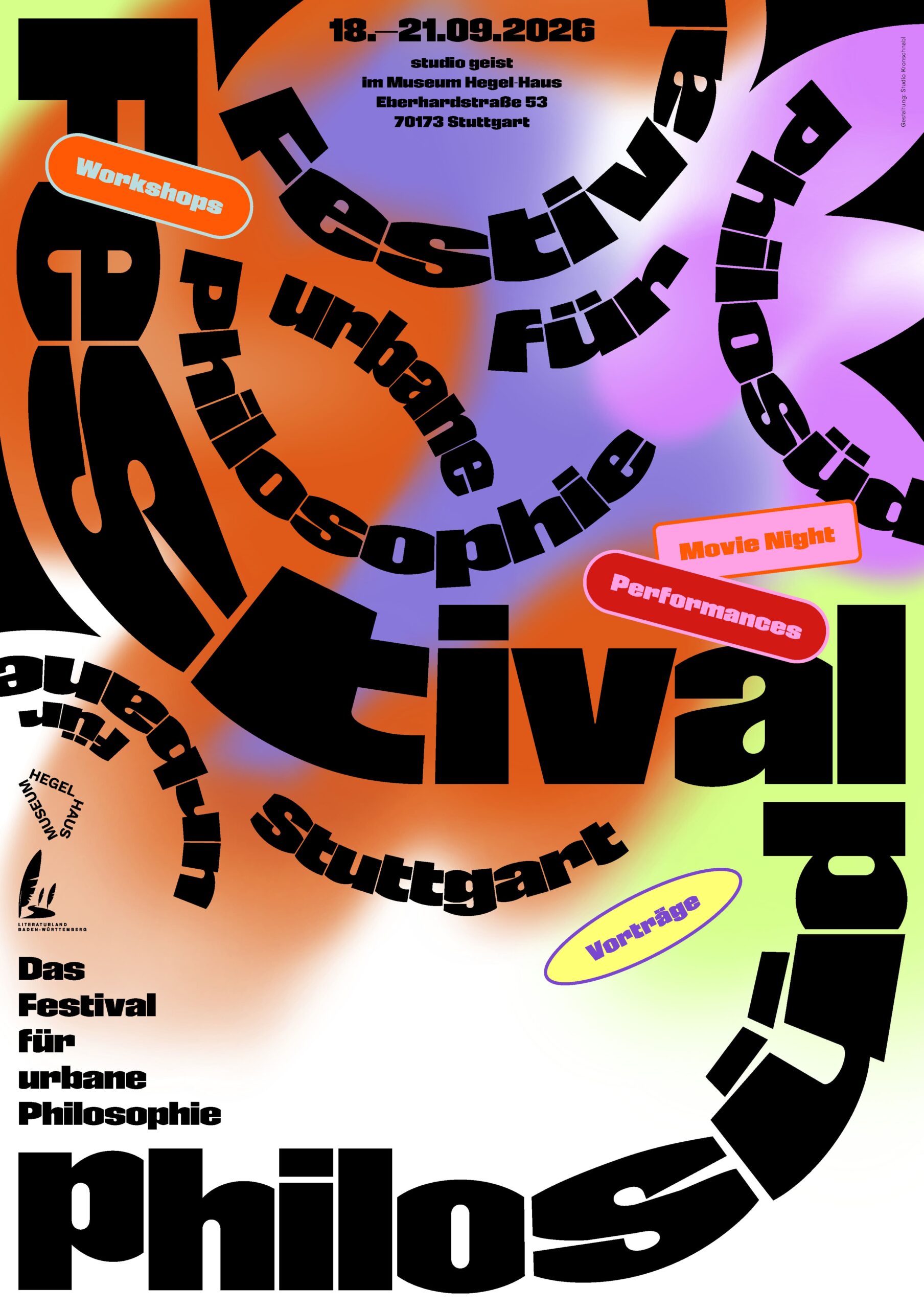 Buntes Plakat mit schwarzer wellenförmiger Schrift. Festival für urbane Philosophie Stuttgart. Hegel-Haus-Museum. Vorträge, Workshops, Performance, Movie Night