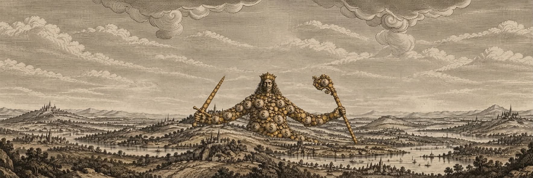 Ki generiertes Bild eines historischen Kupferstich eines monumentalen Leviathans, dessen Körper vollständig aus prallen Geldsäcken und übereinanderliegenden Goldmünzen besteht. Auf den Säcken sind große Euro- und Dollarzeichen zu sehen; auch Schwert und Zepter sind aus Münzen und goldenen Ornamenten gestaltet, während in den Augen kleine Dollarzeichen leuchten. Der übergroße Herrscher erhebt sich über einer detailliert dargestellten Landschaft und verkörpert allegorisch die Verbindung von Geld, Macht und Gier.