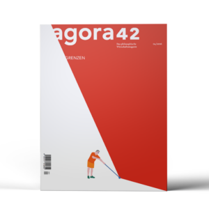 Das Cover der Ausgabe "Grenzen" mit einer illustrierten Person, die auf einer weißen Fläche steht und einen Blindenstock in der Hand hält. Mit dem Stock berührt sie eine rote Fläche, die ca. die restliche Hälfte des Covers ausfüllt.