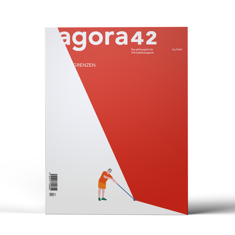 Das Cover der Ausgabe "Grenzen" mit einer illustrierten Person, die auf einer weißen Fläche steht und einen Blindenstock in der Hand hält. Mit dem Stock berührt sie eine rote Fläche, die ca. die restliche Hälfte des Covers ausfüllt.