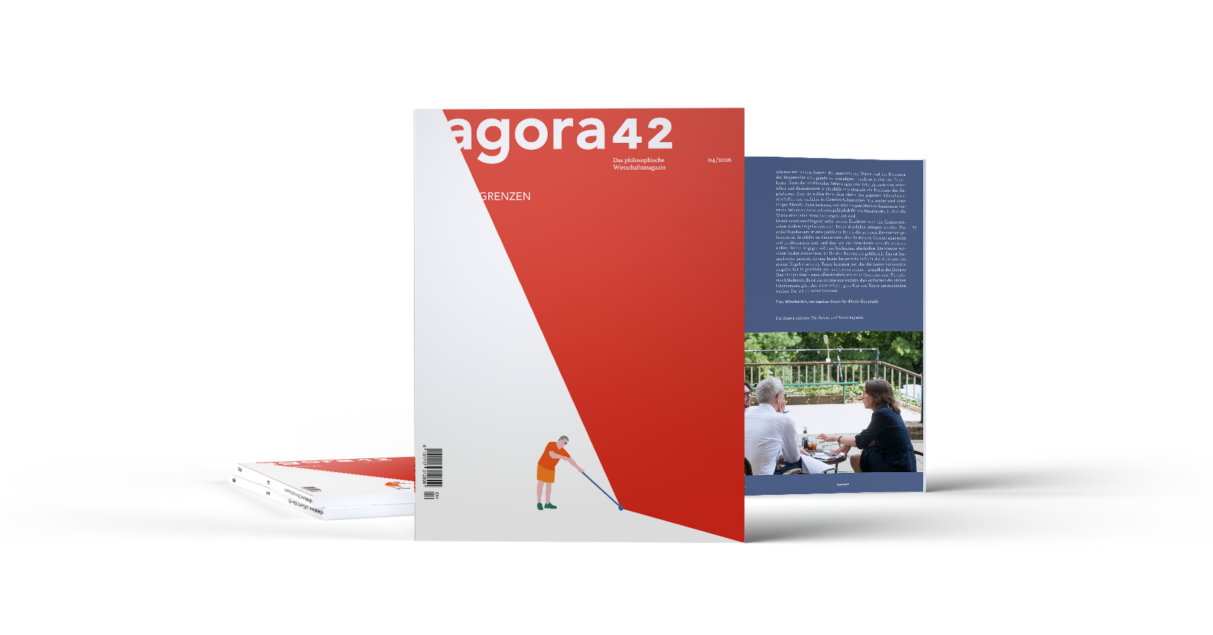 Das Cover sowie eine Innenseite der Ausgabe "Grenzen" mit einer illustrierten Person, die auf einer weißen Fläche steht und einen Blindenstock in der Hand hält. Mit dem Stock berührt sie eine rote Fläche, die ca. die restliche Hälfte des Covers ausfüllt.